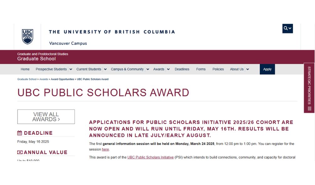 UBC Public Scholars Award 2026: A Fully Funded Opportunity for Doctoral Students UBC Public Scholars Award in Canada 2025