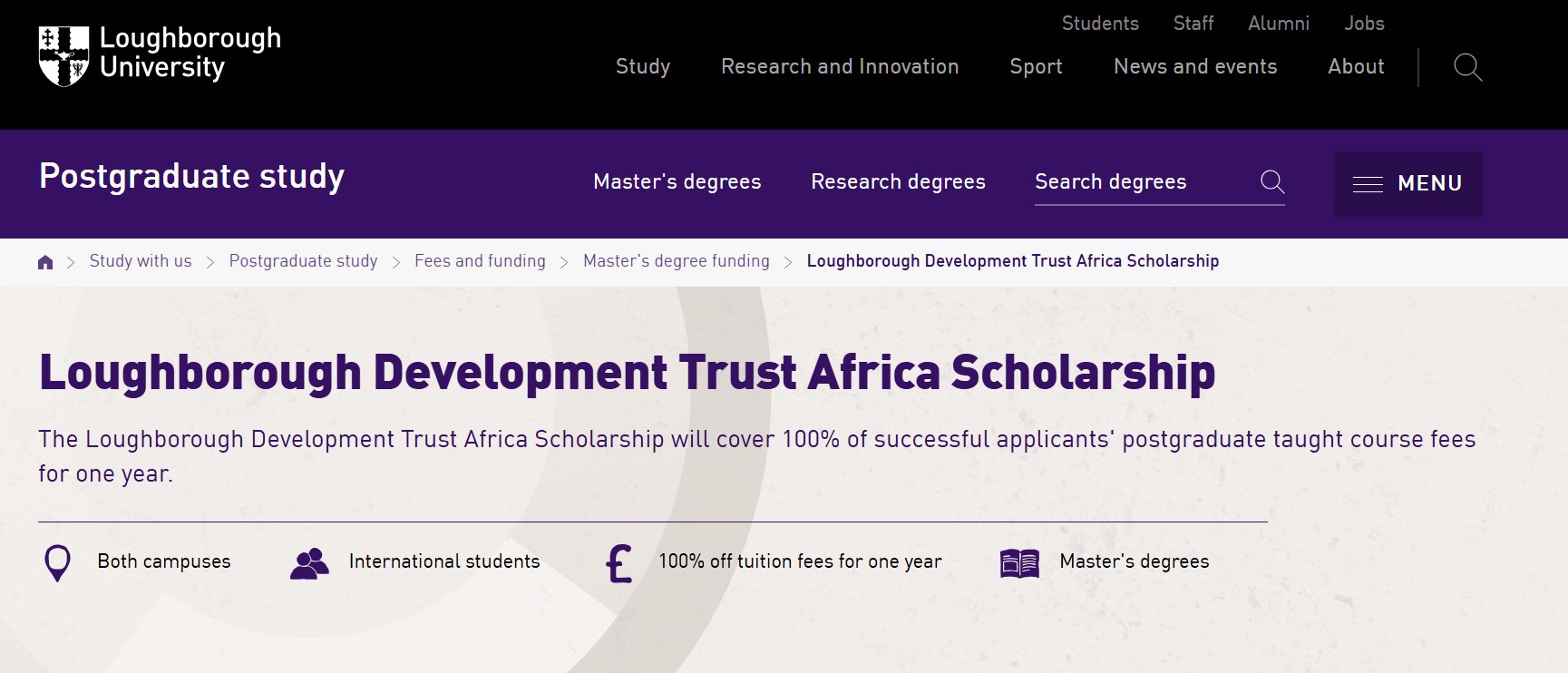 Loughborough University Development Trust Africa Scholarship in UK 2025