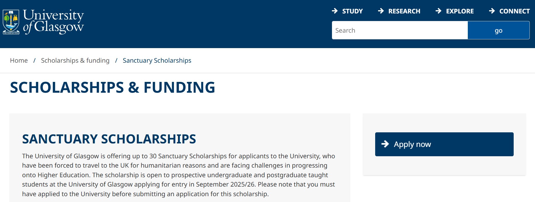University of Glasgow Sanctuary Scholarship 2025 in UK