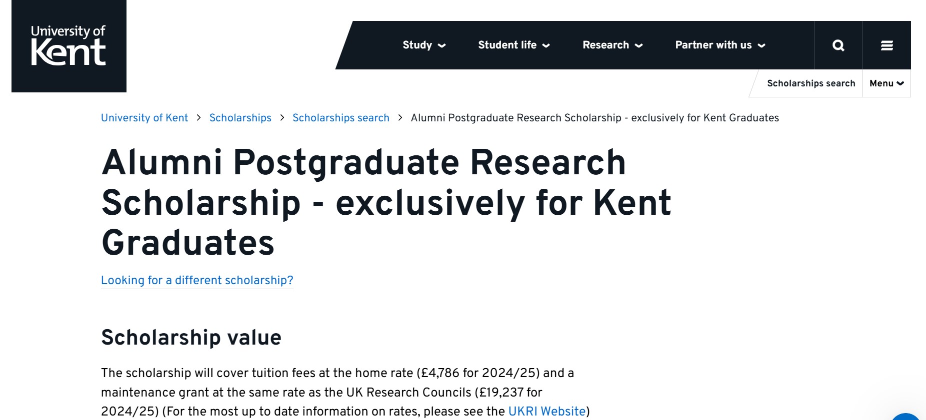 University of Kent Alumni Postgraduate Research Scholarship in UK 2025
