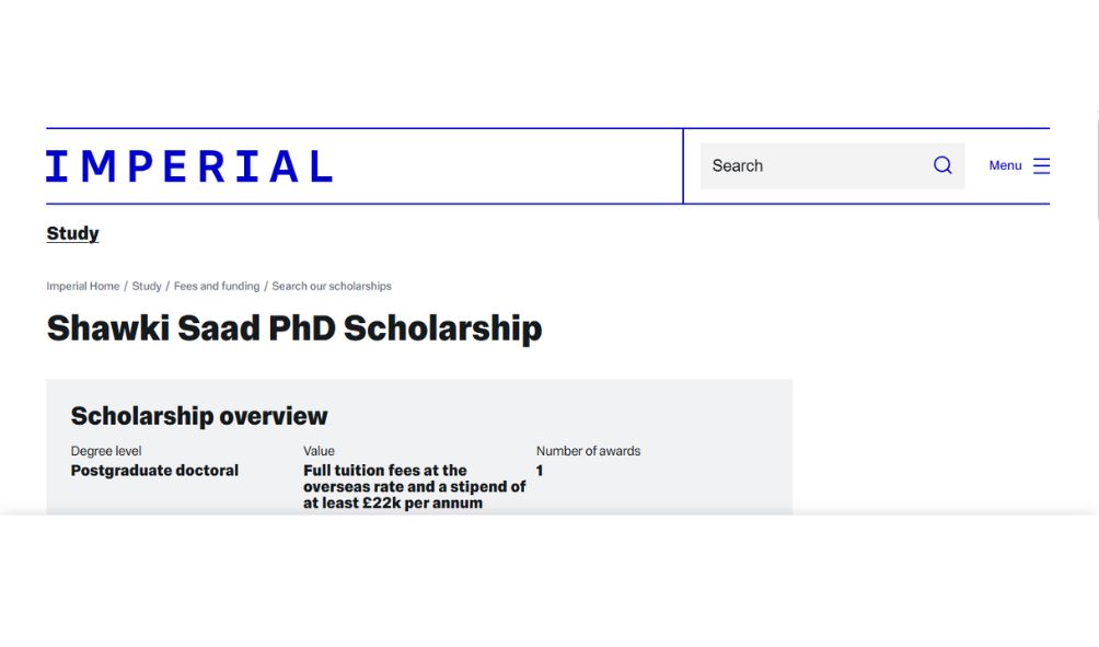 Imperial College London Shawki Saad Scholarship 2025