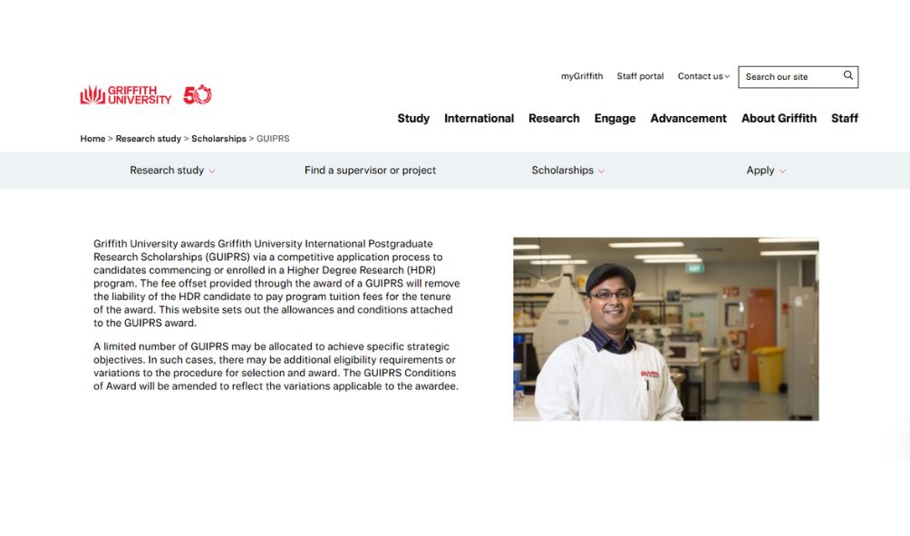 Griffith University International Research Scholarships 2025