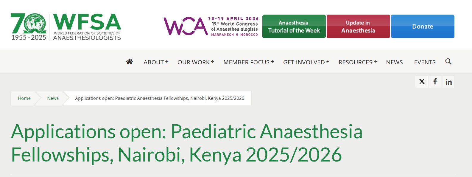 WFSA Paediatric Anaesthesia Fellowships 2025/2026