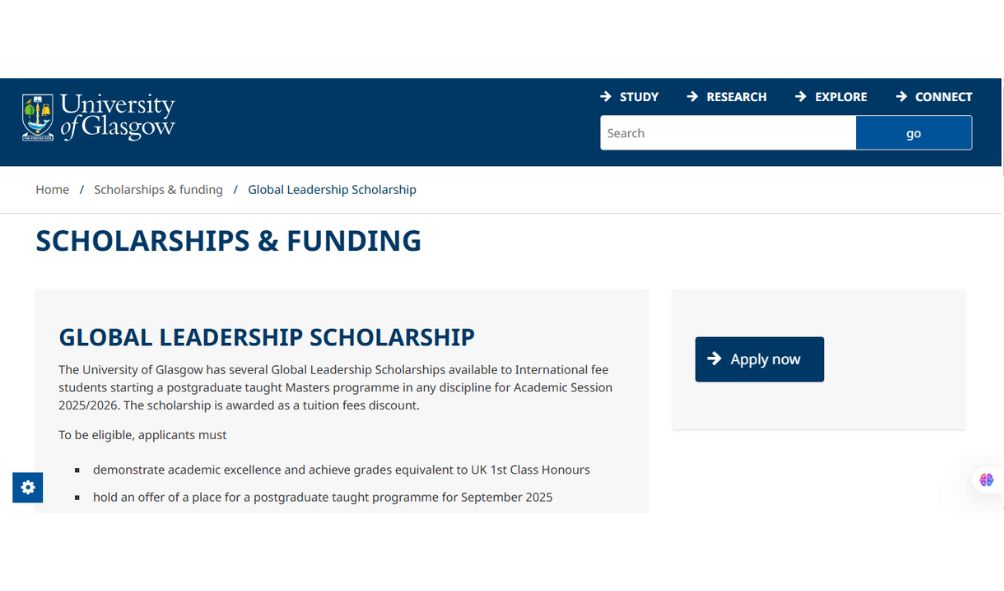 University of Glasgow Global Leadership Scholarships 2025-26 – Study in the UK University of Glasgow Global Leadership Scholarships