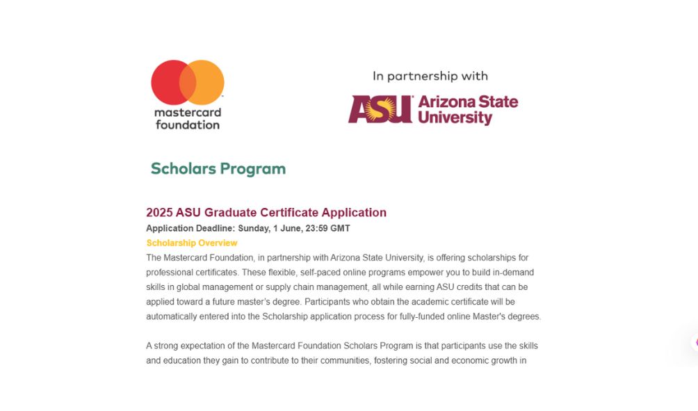 MasterCard Scholarship 2025 at Arizona State University (Fully Funded) MasterCard Scholarship 2025 at Arizona