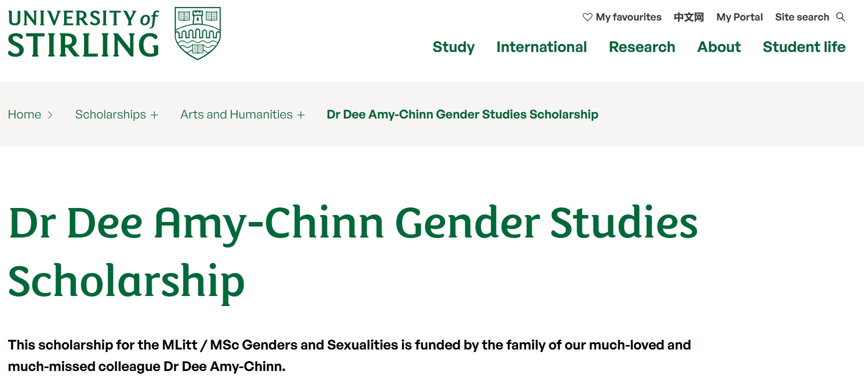 University of Stirling 2025 Dr Dee Amy-Chinn Gender Studies Scholarship