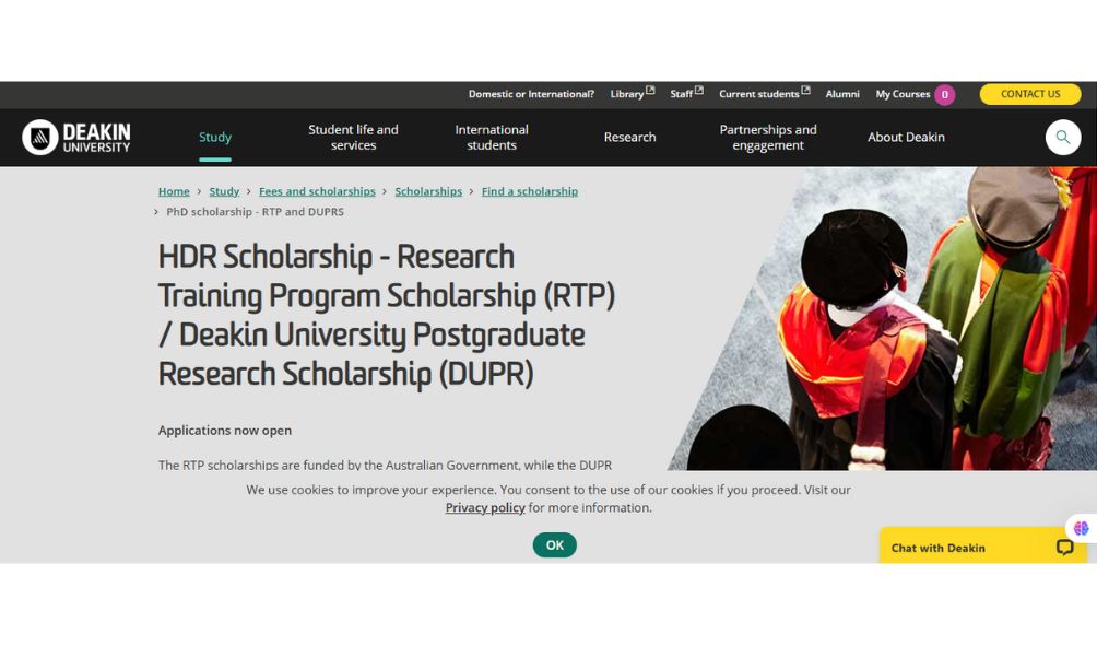 Deakin University RTP Scholarships in Australia 2025-26 (Fully Funded) Deakin University RTP Scholarships