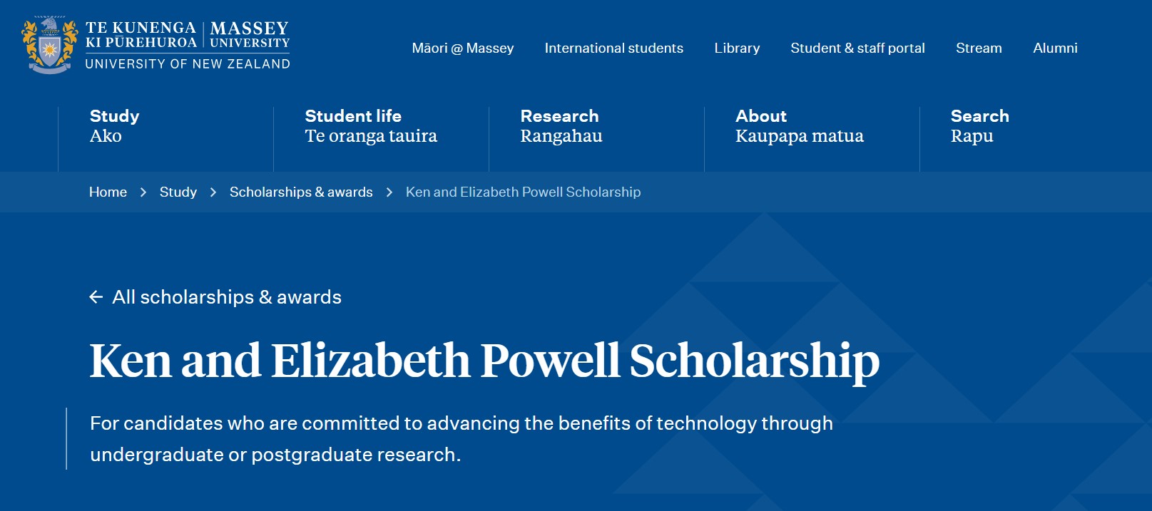 Massey University 2025 Ken and Elizabeth Powell Scholarship