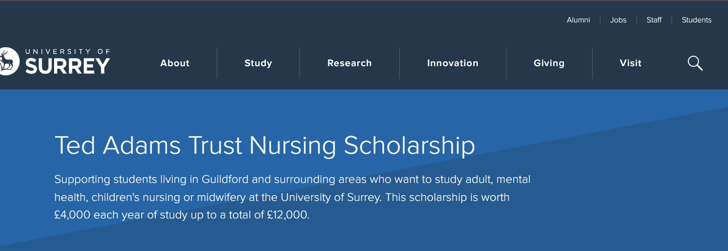 University of Surrey 2025 Ted Adams Trust Nursing Scholarship 