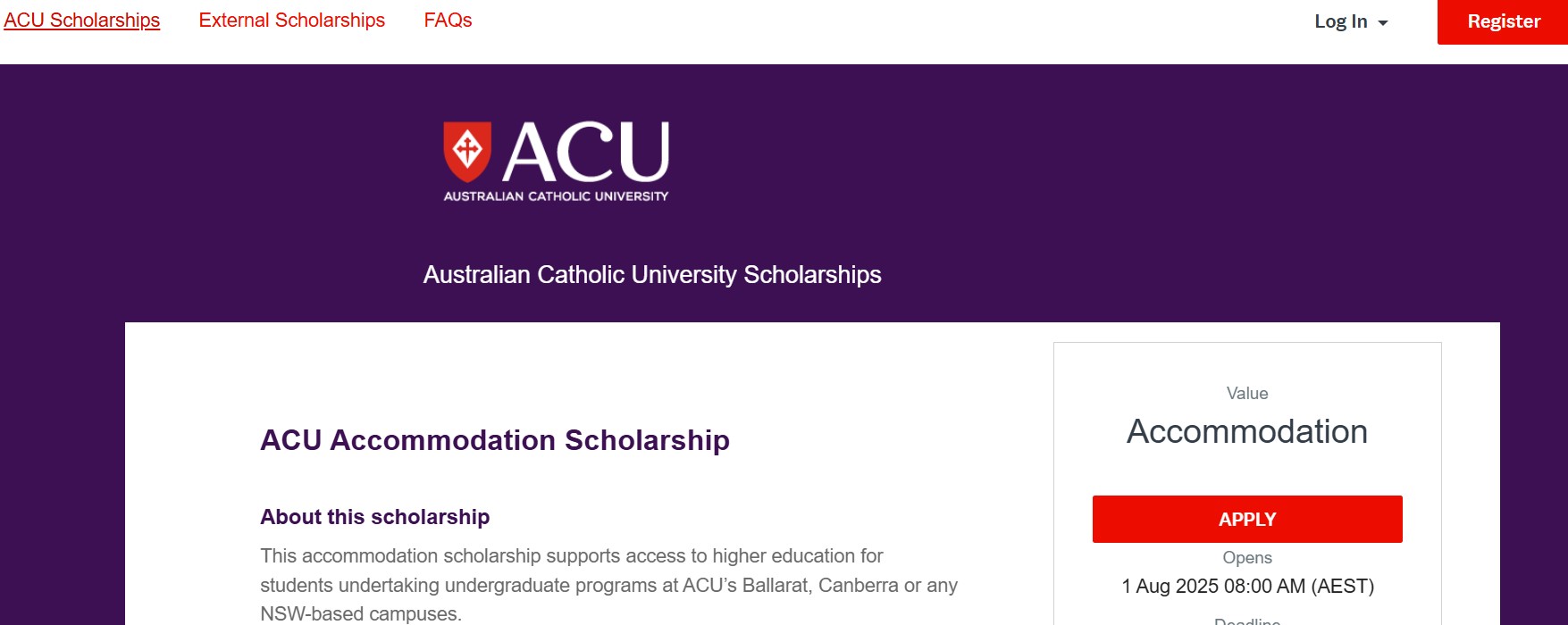 ACU Accommodation Scholarship 2026