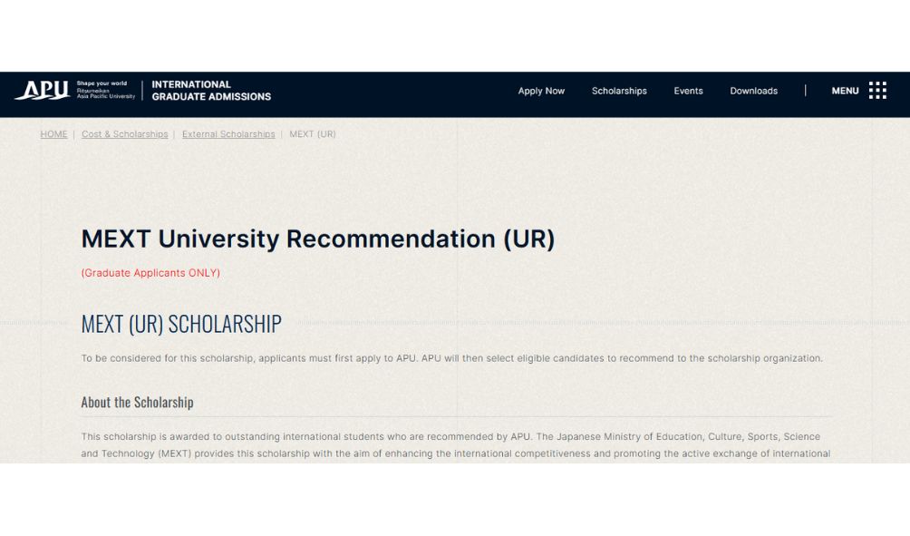 APU MEXT UR Scholarship in Japan 2026 (Fully Funded) APU MEXT UR Scholarship 2026