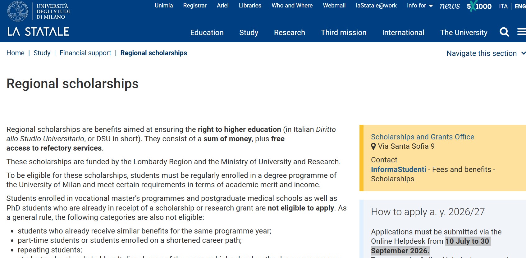 University of Milan DSU Scholarship 2026