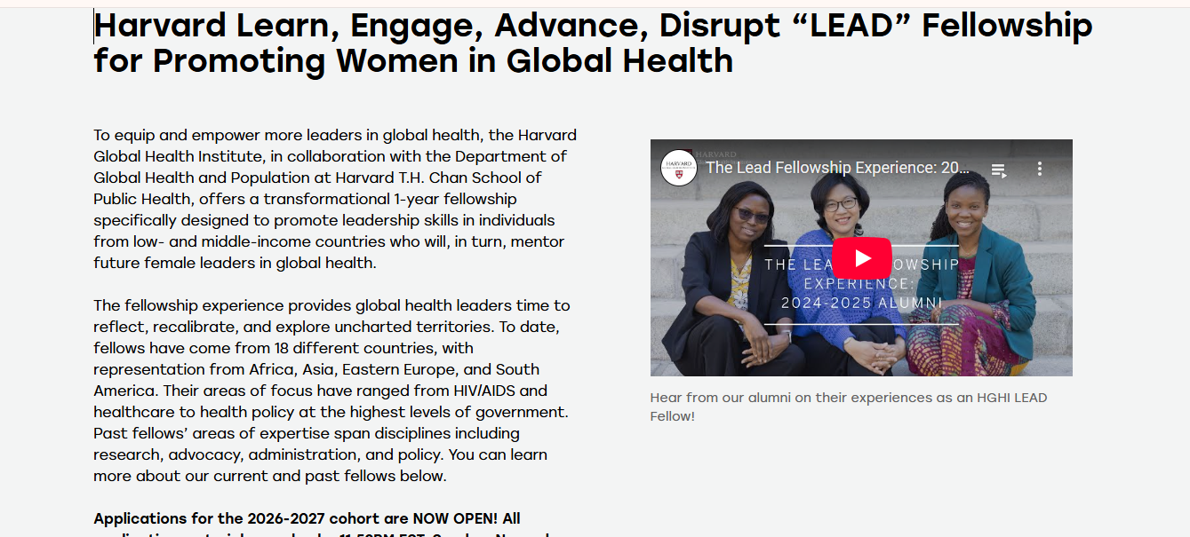Harvard Global Health Institute LEAD Fellowship Program 2026/2027 for Promoting Women in Global Health (Fully Funded) Harvard Global Health Institute LEAD Fellowship Program