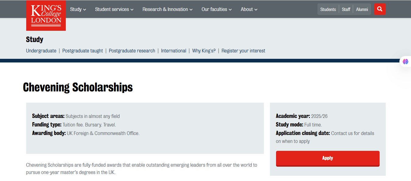 King’s College London Chevening Scholarship 