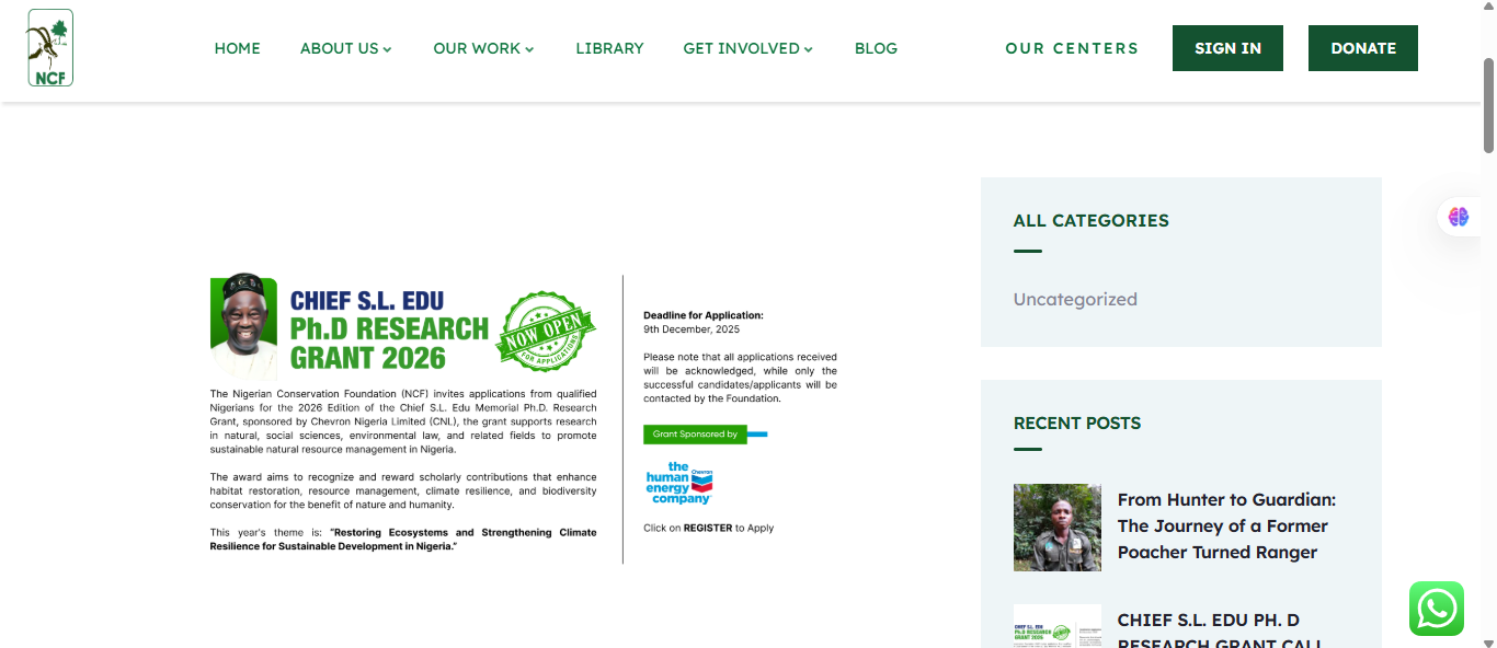 Nigerian Conservation Foundation Chief S.L Edu Ph.D Research Grant 2026 for Nigerian PhD Candidates Chief S.L Edu Ph.D Research Grant 2026