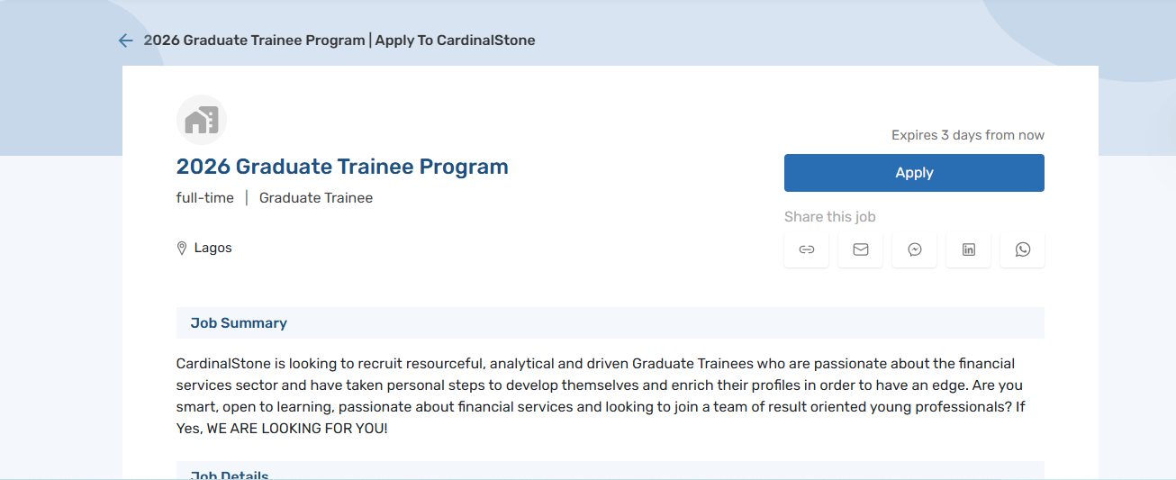 The CardinalStone Graduate Trainee Programme 2026 for Young Nigerian Graduates The CardinalStone Graduate Trainee Programme