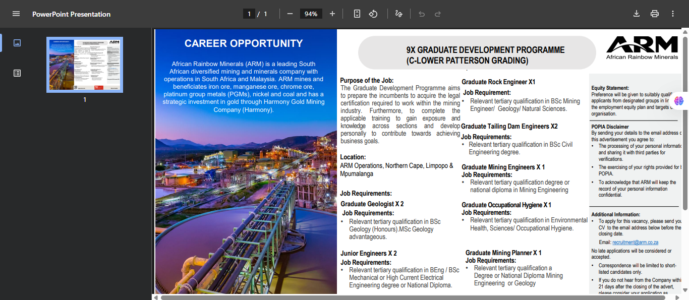 African Rainbow Minerals (ARM) Graduate Development Program 2025/2026 for Young South African Graduates (ARM) Graduate Development Program