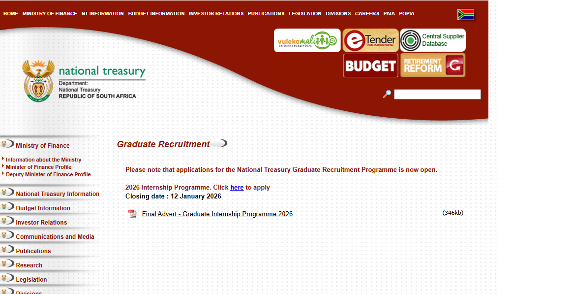 National Treasury Internship Program 2026 for Young South African Graduates National Treasury Internship Program