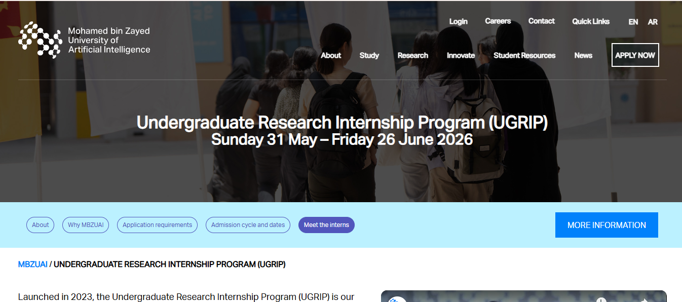 MBZUAI Research Internship 2026 in the UAE (Fully Funded) MBZUAI Research Internship 2026
