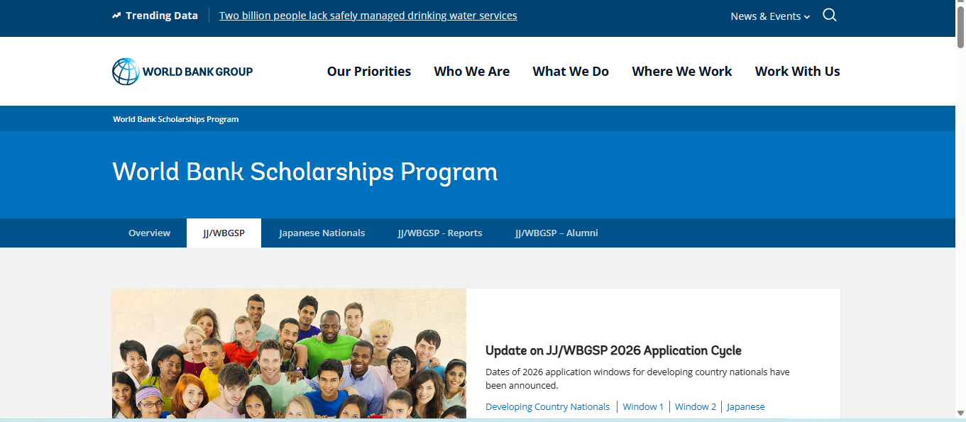 Joint Japan World Bank Graduate Scholarship Program 2026 (Window 1) for Nationals of Developing Countries (Fully Funded) Joint Japan World Bank Graduate Scholarship