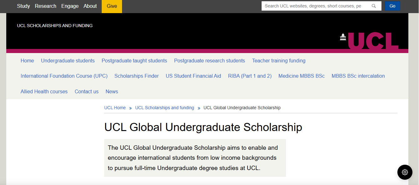 UCL Global Undergraduate Scholarship 2026 in the United Kingdom UCL Global Undergraduate Scholarship 2026