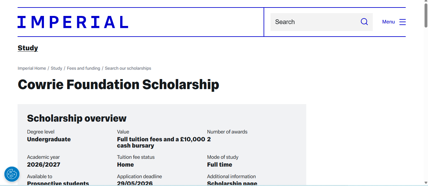 Cowrie Foundation Scholarship 2026/2027 at Imperial College London – Fully Funded Undergraduate Opportunity Cowrie Foundation Scholarship