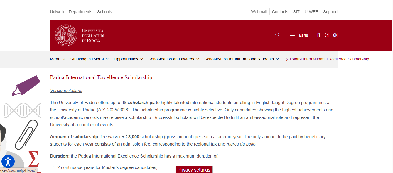 Padua International Excellence Scholarship 2026 in Italy (Fully Funded Opportunity for International Students) Padua International Excellence Scholarship
