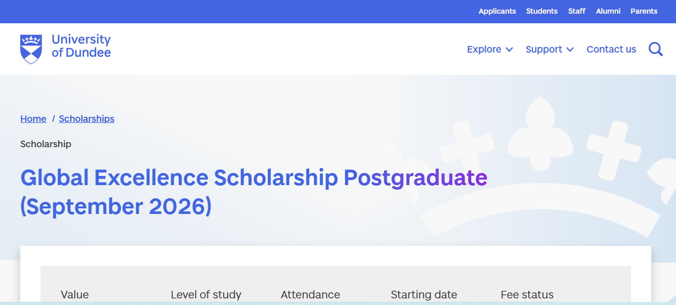 University of Dundee Global Excellence Scholarship 2026 in the UK University of Dundee Global Excellence Scholarship