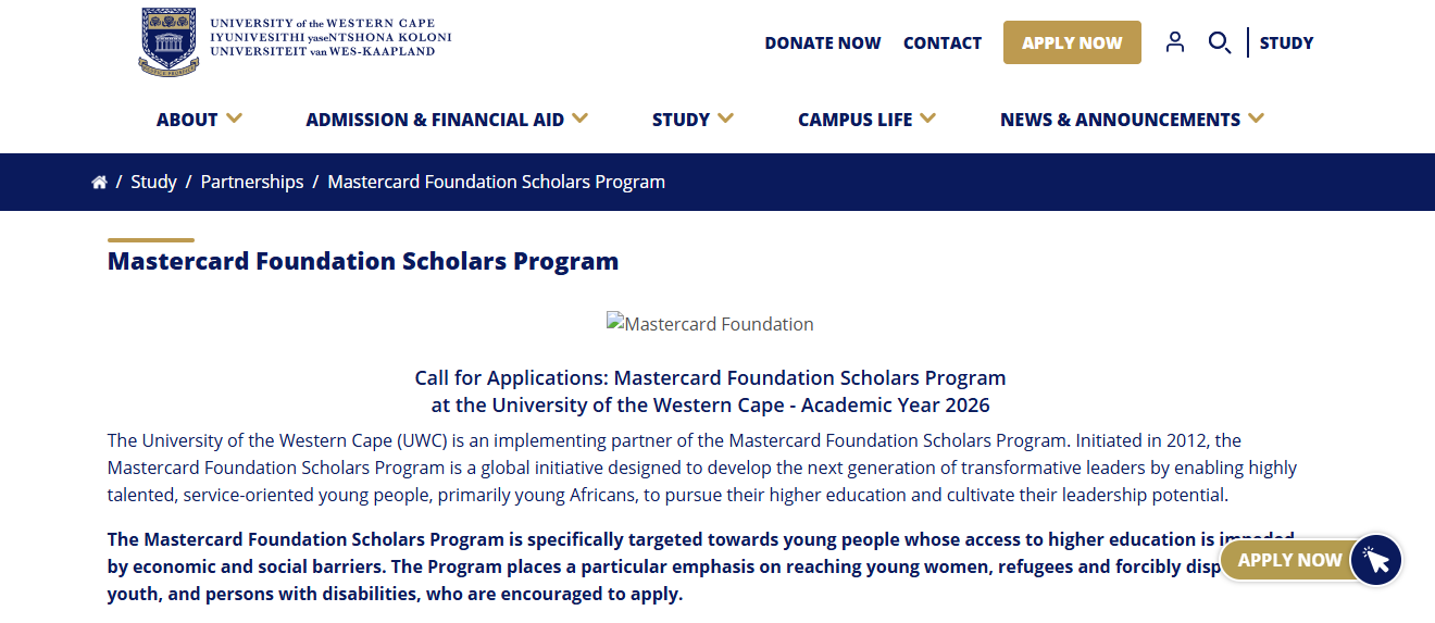 Mastercard Foundation Scholars Program 2026 at the University of the Western Cape, South Africa Mastercard Foundation Scholars Program