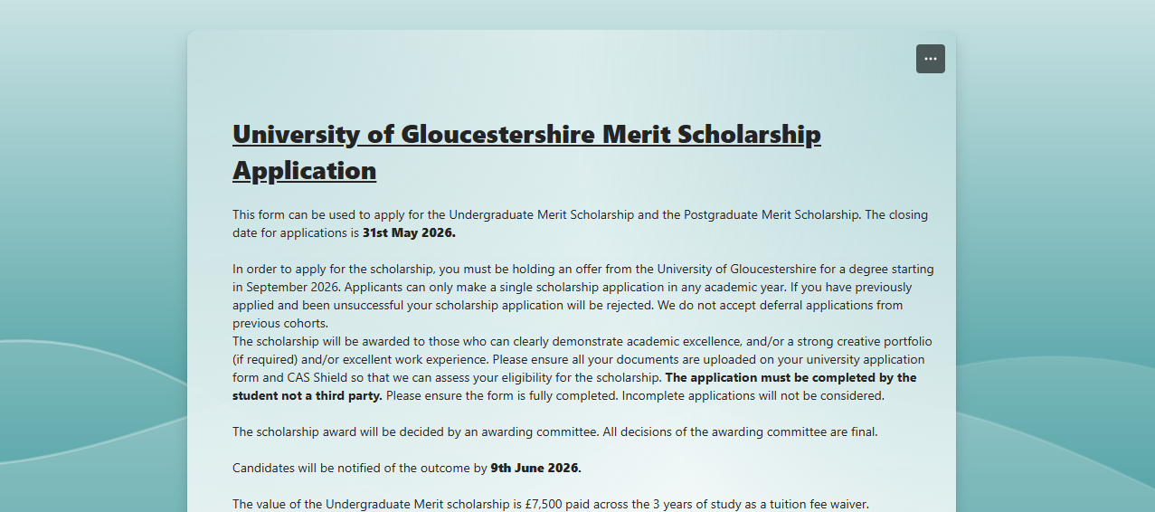 Undergraduate Merit Scholarship 2026 in the University of Gloucestershire (United Kingdom) Undergraduate Merit Scholarship 2026