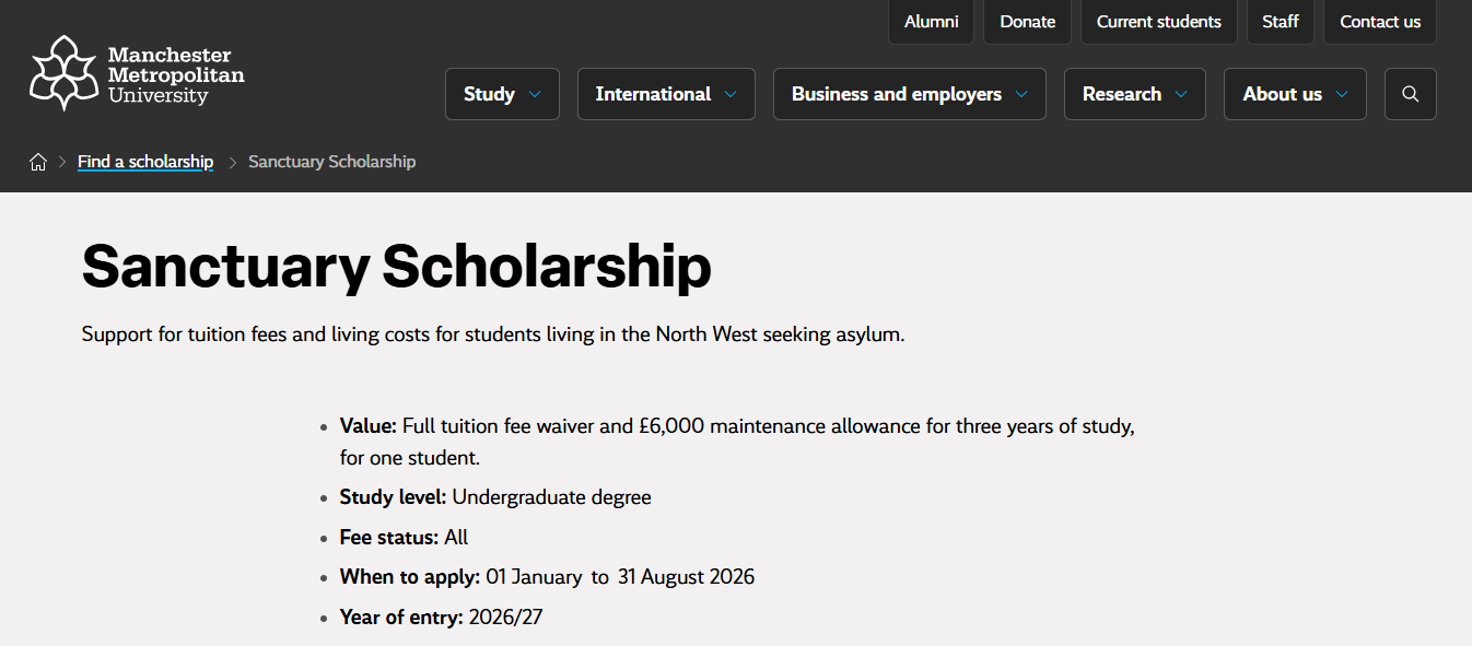 Manchester Metropolitan University Sanctuary Scholarship