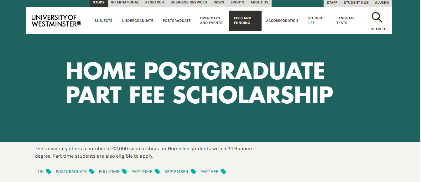 Home Postgraduate Part Fee Scholarship