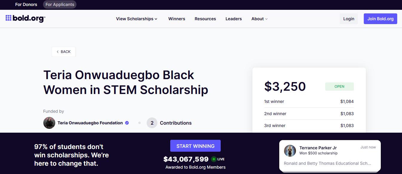 Teria Onwuaduegbo Black Women in STEM Scholarship 2026 in the United States Teria Onwuaduegbo Black Women in STEM Scholarship