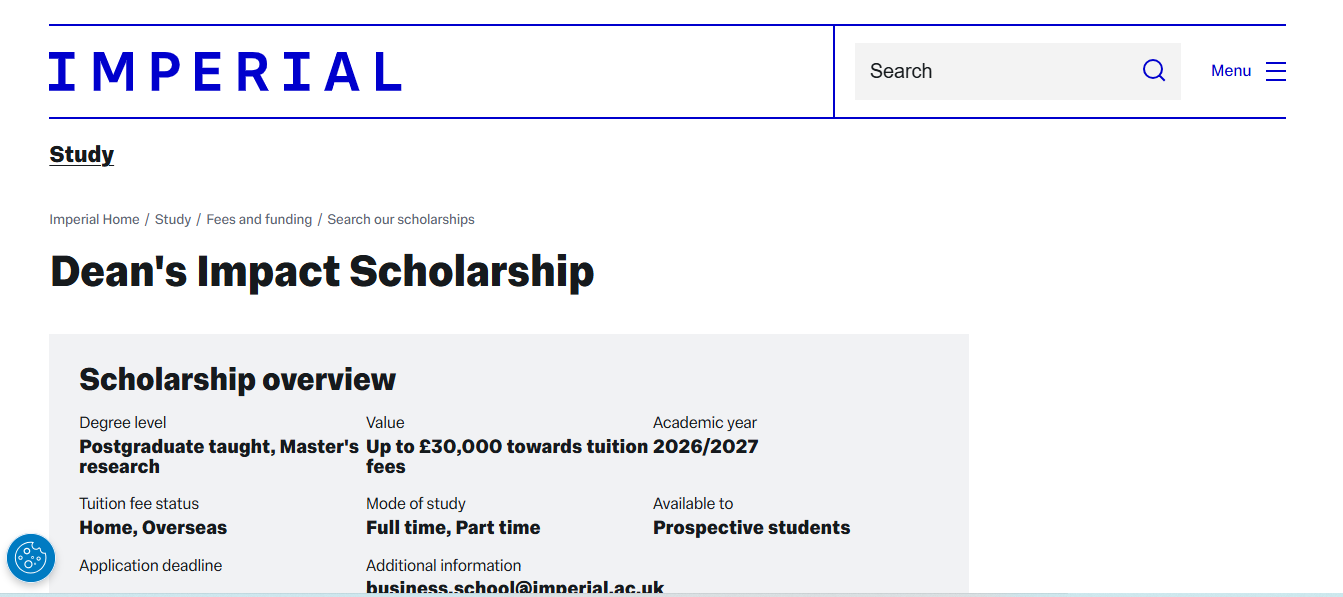 Imperial College London Dean’s Impact Scholarship