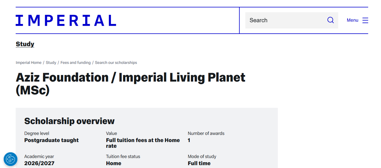 Aziz Foundation / Imperial Living Planet (MSc) Scholarship
