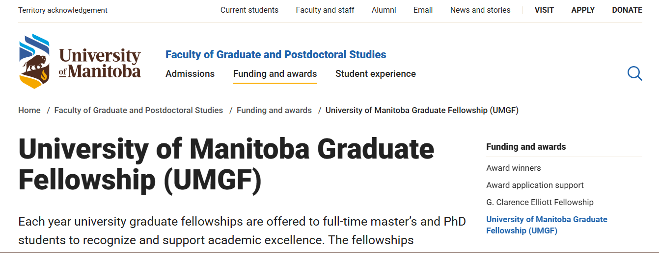 University of Manitoba Graduate Fellowship (UMGF) 2026 in Canada University of Manitoba Graduate Fellowship