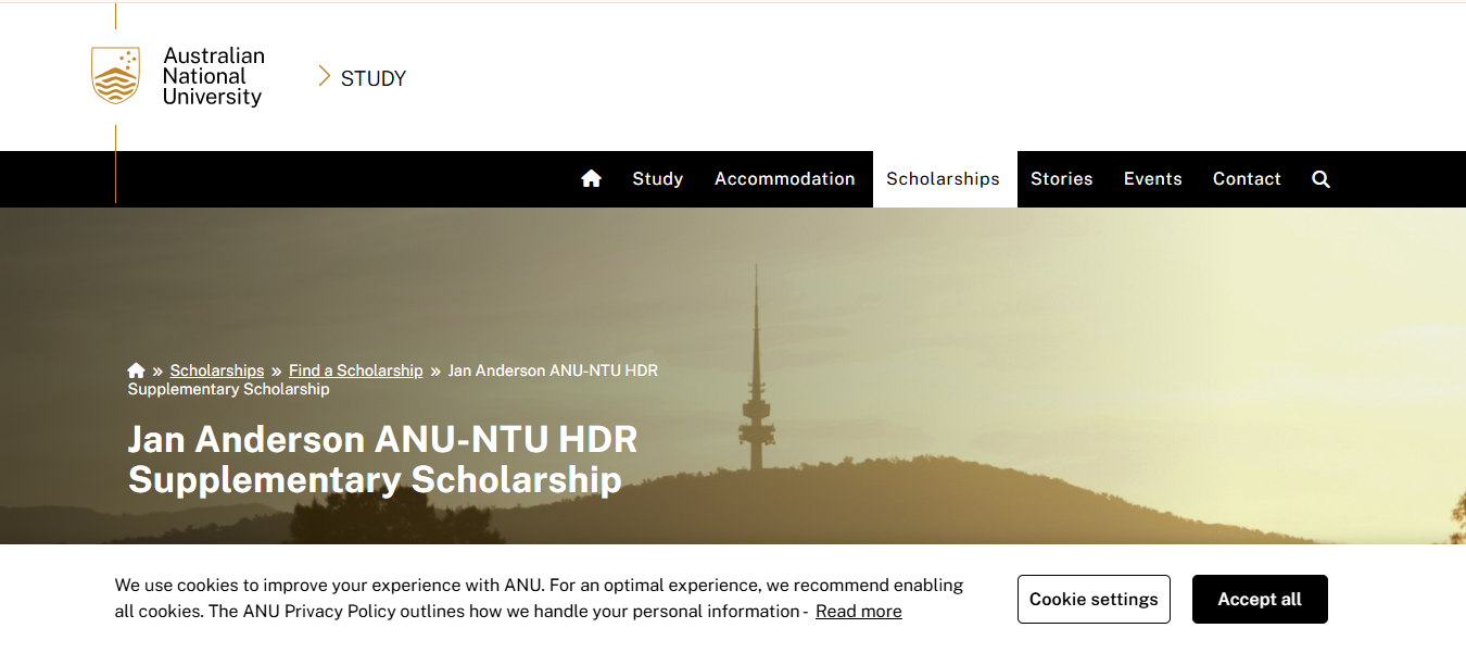 Jan Anderson ANU-NTU HDR Supplementary Scholarship 2026 in Australia Jan Anderson ANU-NTU HDR Supplementary Scholarship