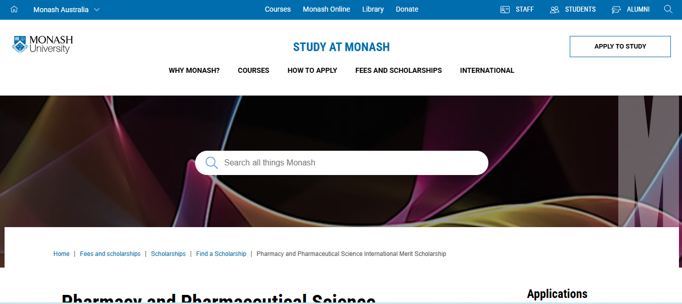 Monash University Pharmacy and Pharmaceutical Science International Merit Scholarship 2026 in Australia Pharmacy and Pharmaceutical Science International Merit Scholarship