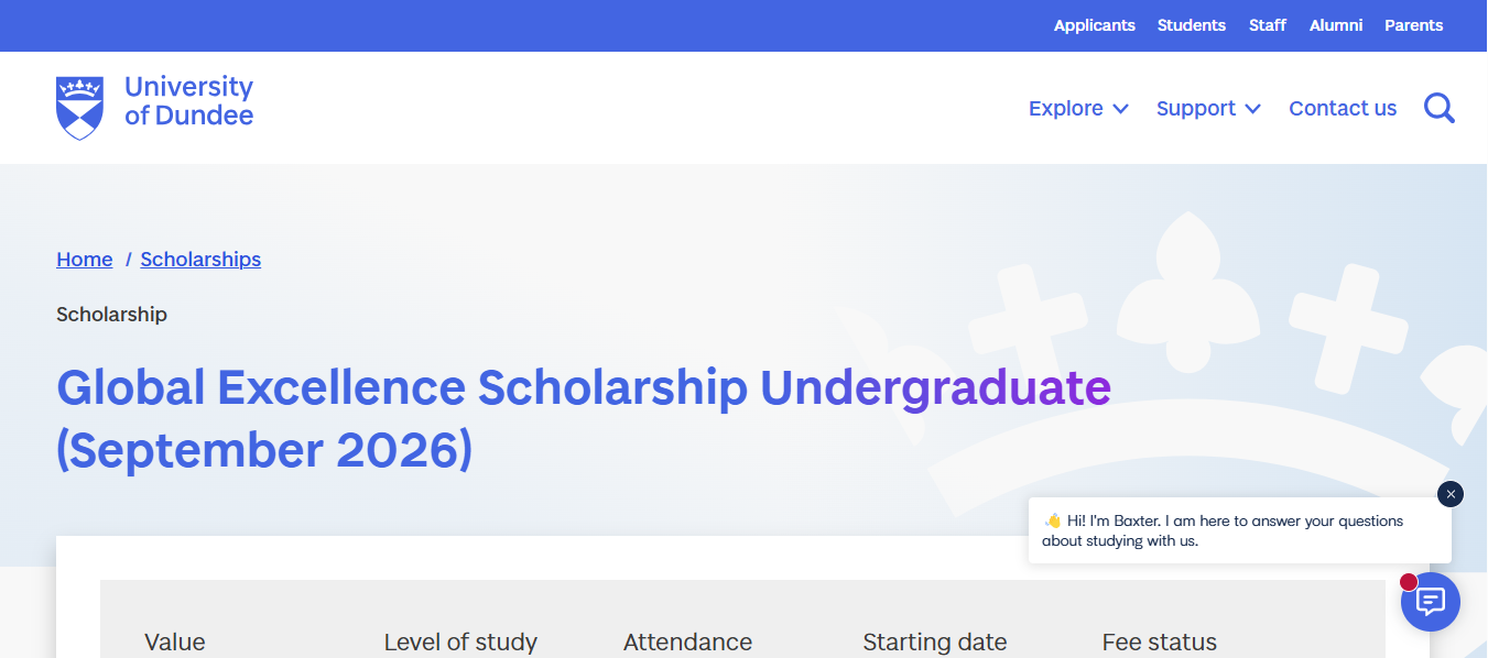 Global Excellence Scholarship Undergraduate 2026 at the University of Dundee in the UK Global Excellence Scholarship