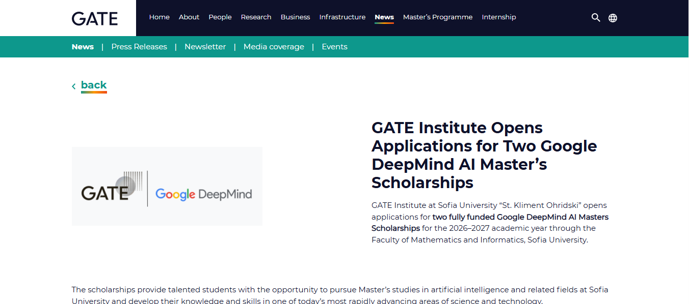 GATE Institute Google DeepMind AI Master’s Scholarship 2026-2027 in Bulgaria GATE Institute Google DeepMind AI Master’s Scholarship