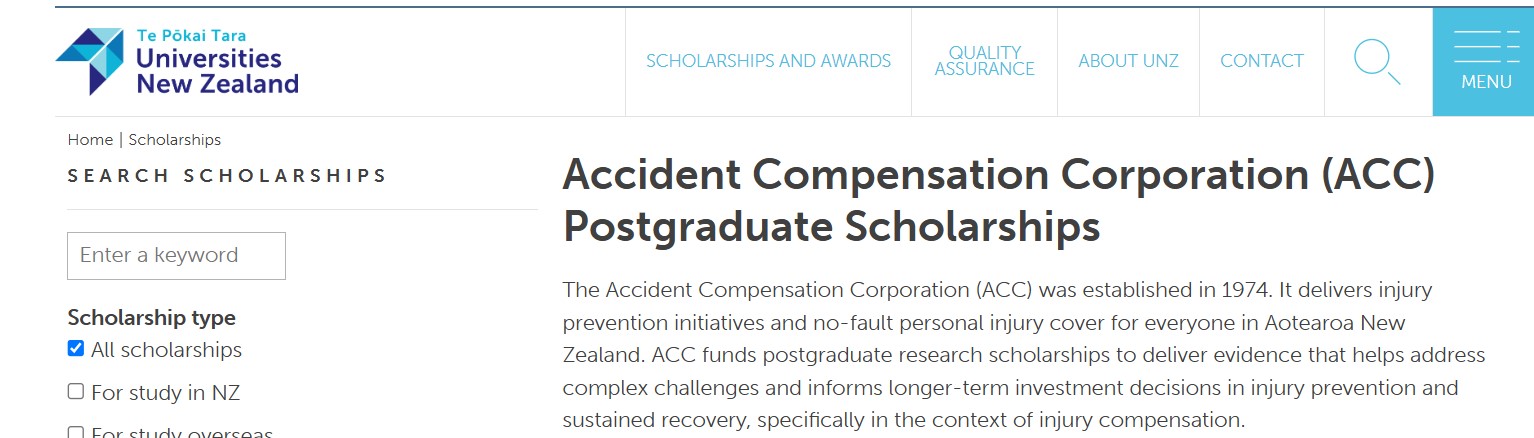 ACC Postgraduate Scholarships 2026: NZ$15,000 Master’s Research Scholarship in New Zealand ACC Postgraduate Scholarships 2026