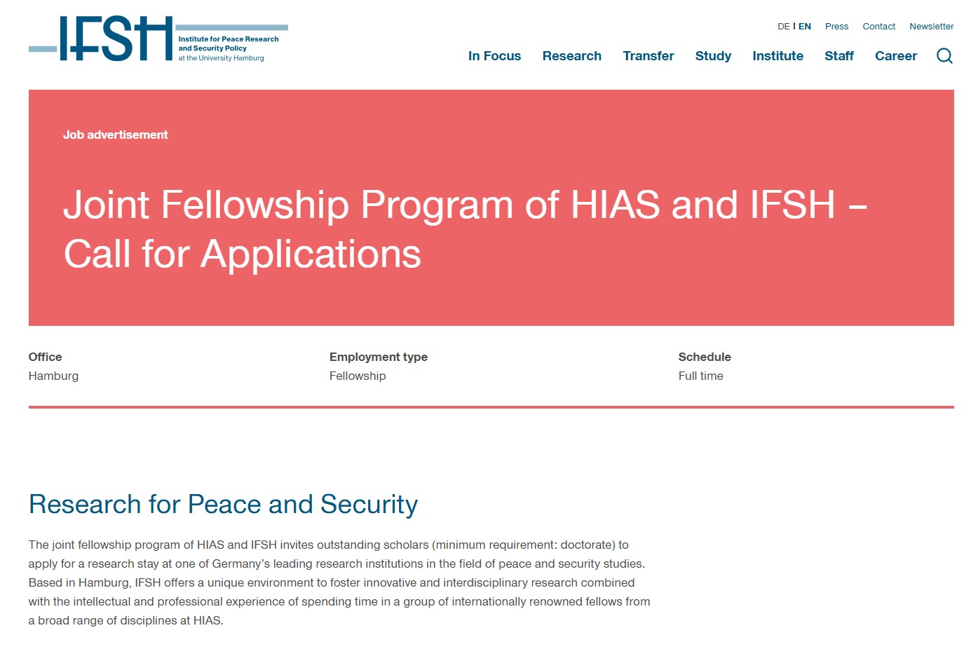 HIAS-IFSH Joint Fellowship Program 2027/2028