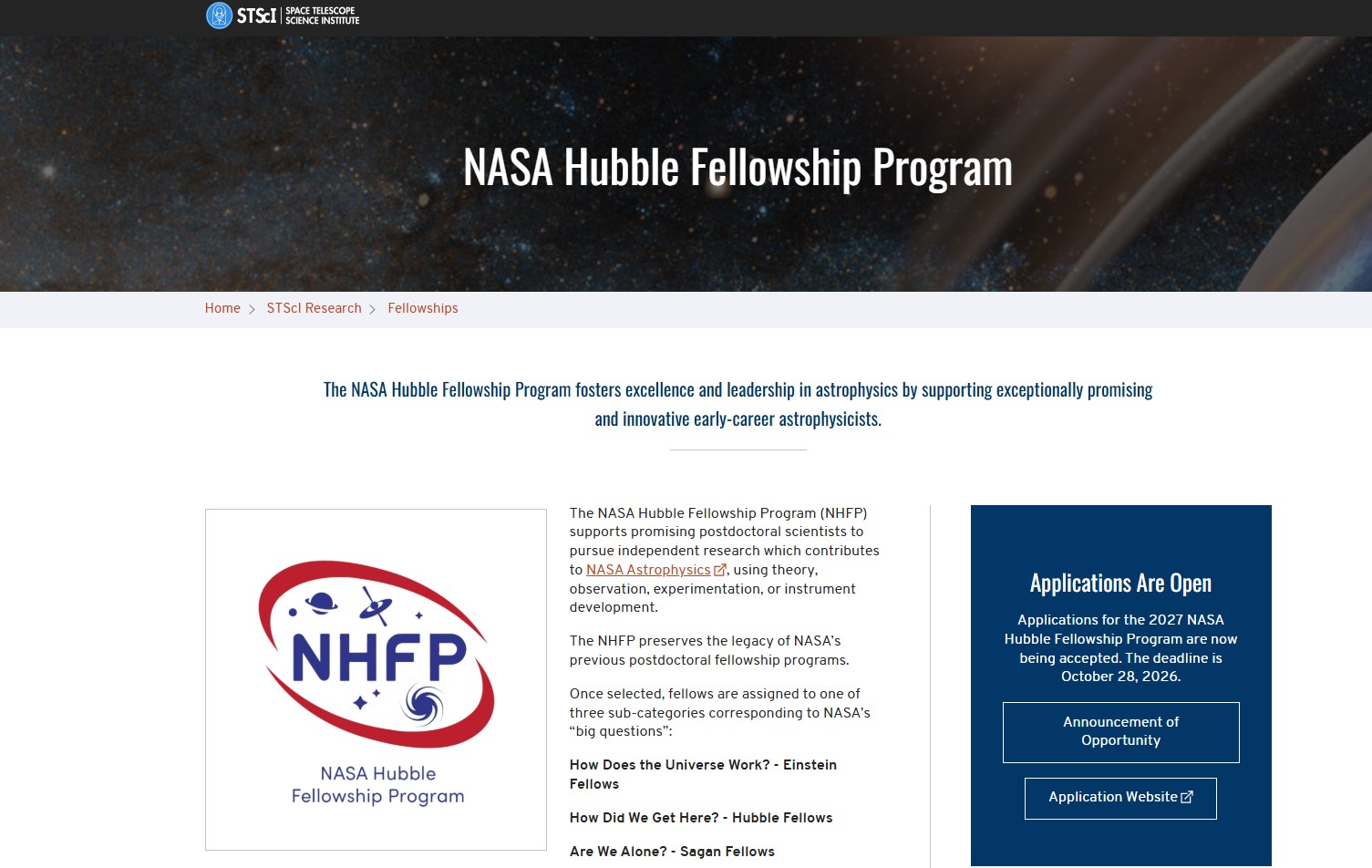 NASA Hubble Fellowship Program 2027