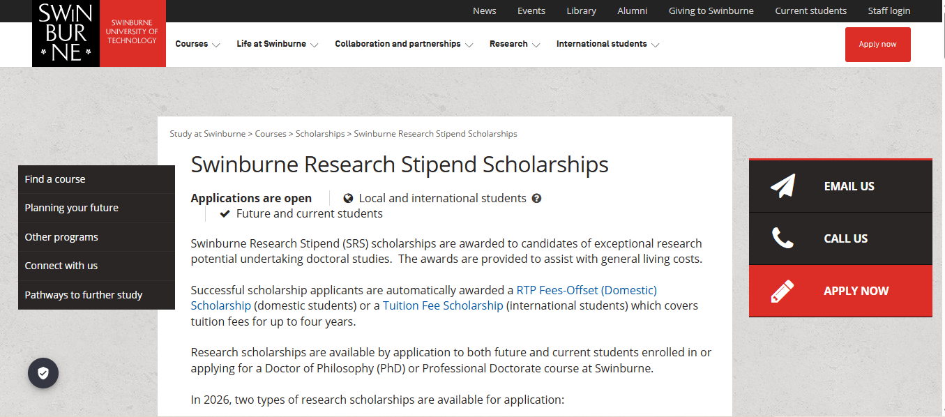 Swinburne Research Stipend Scholarships 2026 in Australia Swinburne Research Stipend Scholarships