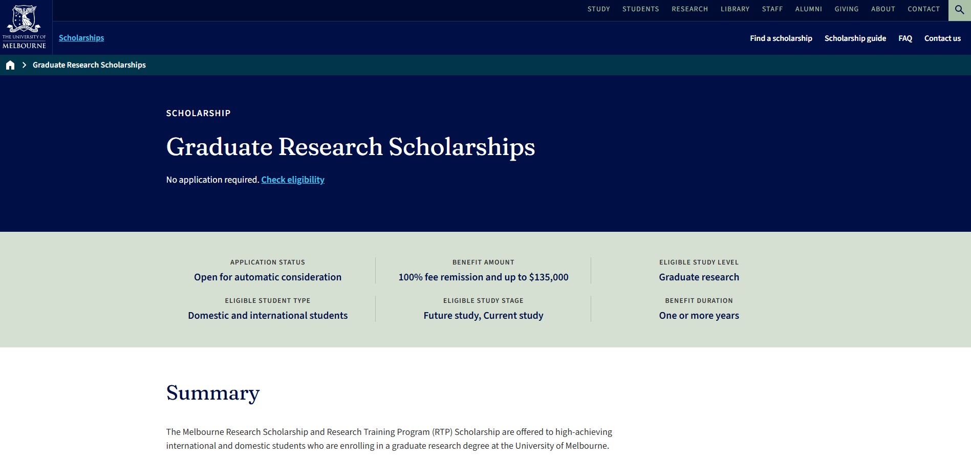 University of Melbourne Graduate Research Scholarships 2027