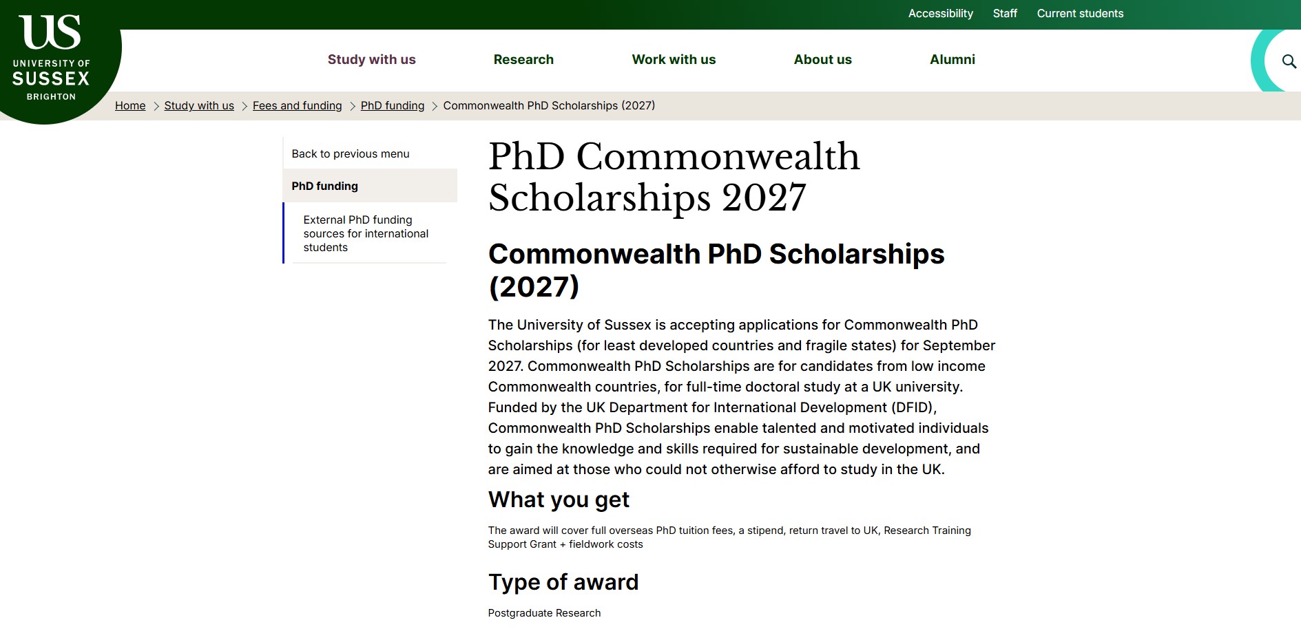 University of Sussex Commonwealth PhD Scholarships 2027