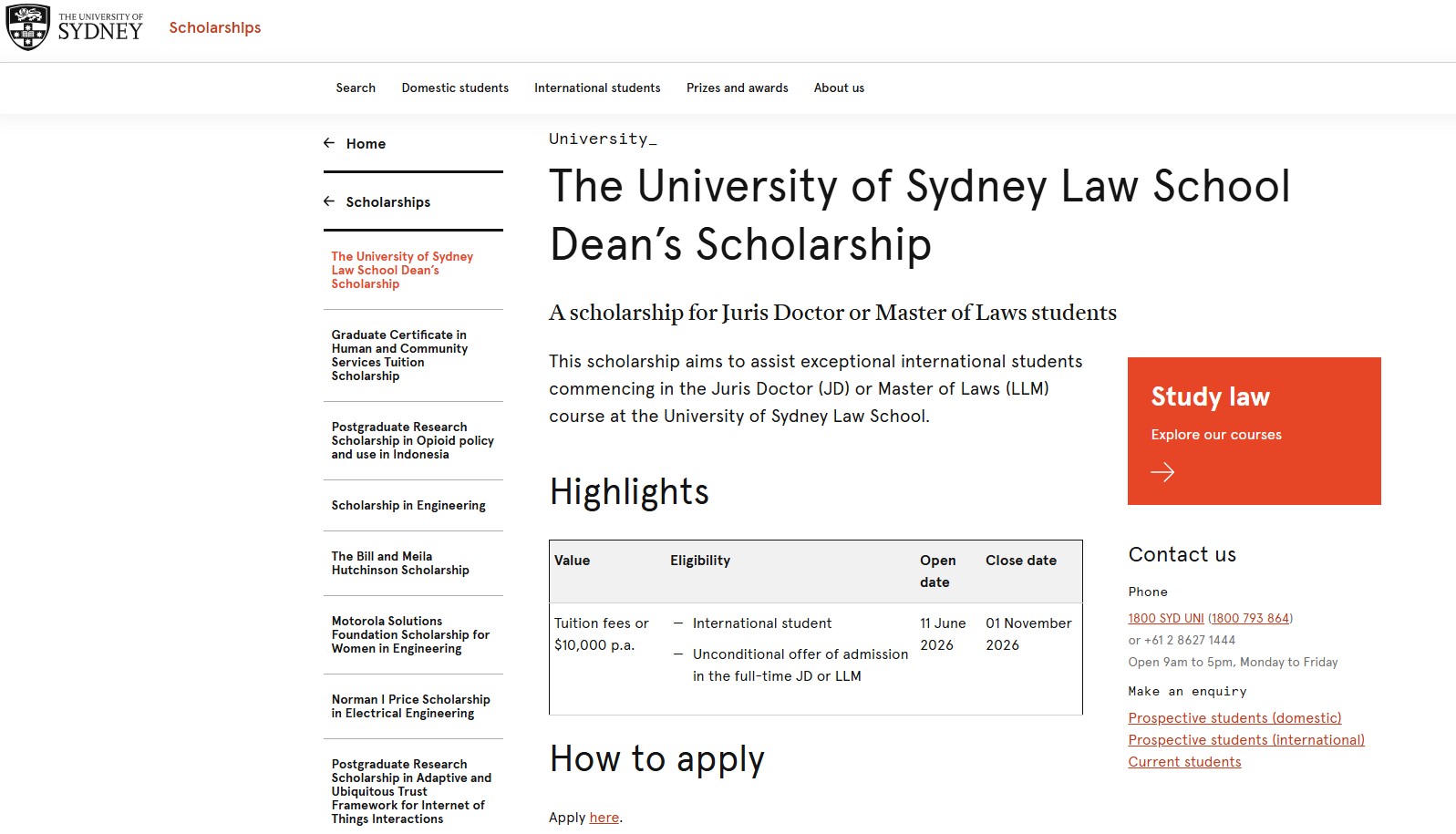 University of Sydney Law School Dean’s Scholarship 2027