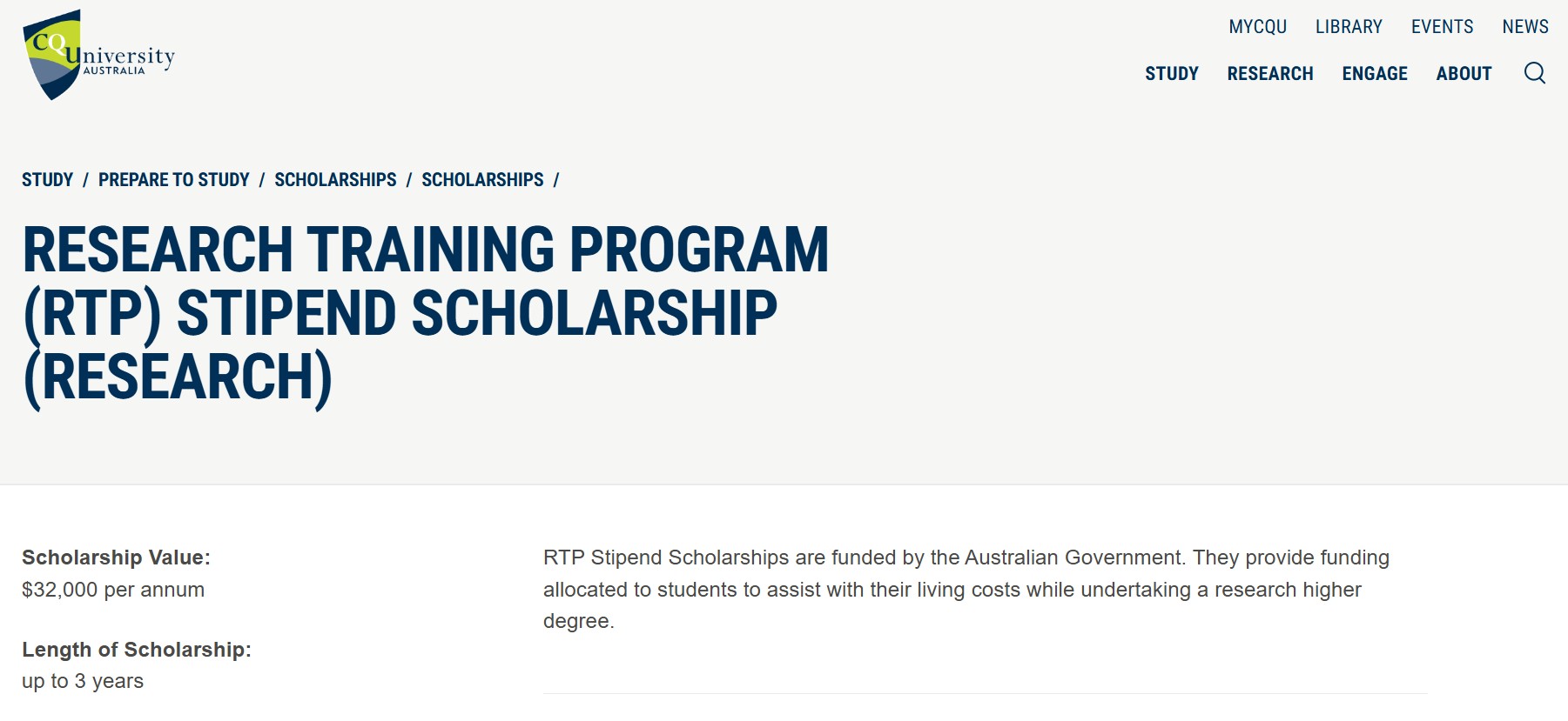 Central Queensland University RTP Scholarship