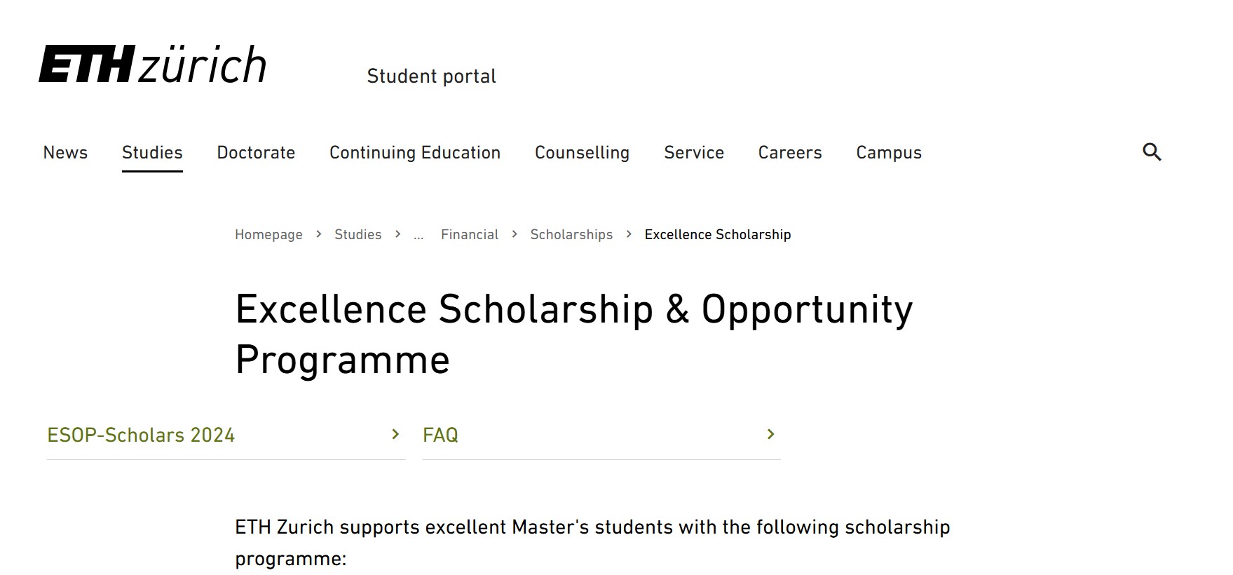 ETH Zurich Excellence Masters Scholarship 