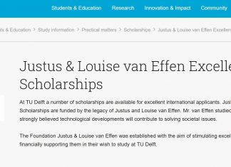 Justus & Louise van Effen Excellence Scholarships for International Students at TU Delft